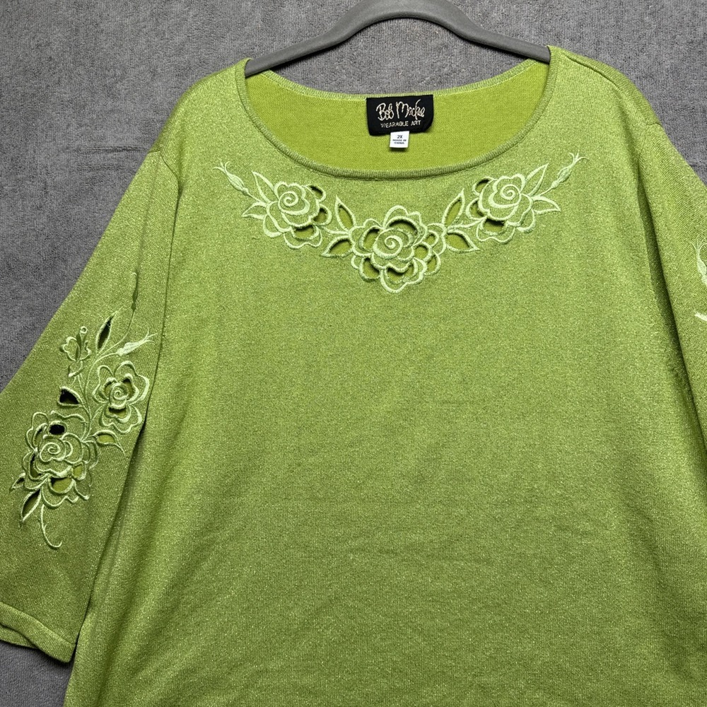 Bob Mackie Green Metallic Embroidered‎ Top Women's 2X Dolman Sleeve Artsy